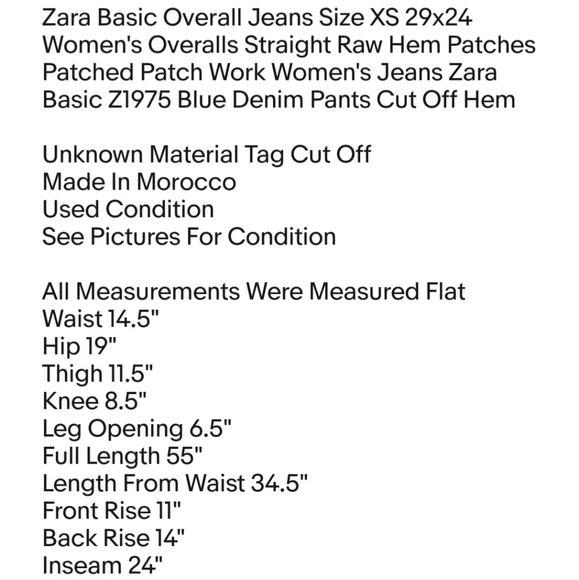 Zara Basic Overall Jeans Size XS 29x24 Women's Overalls Straight Raw Hem Patches - Picture 9 of 9